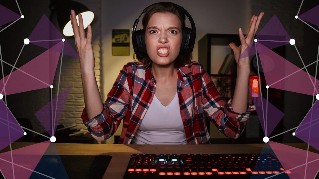 Female gamer frustrated by in-game lag
